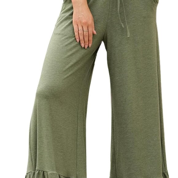Olive Green High Waisted Wide Leg Palazzo Pants with Pockets for Women - Picture 1 of 5